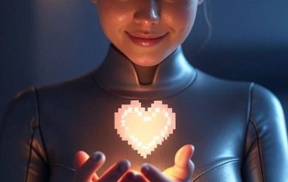 beautiful female android holding pixelated heart