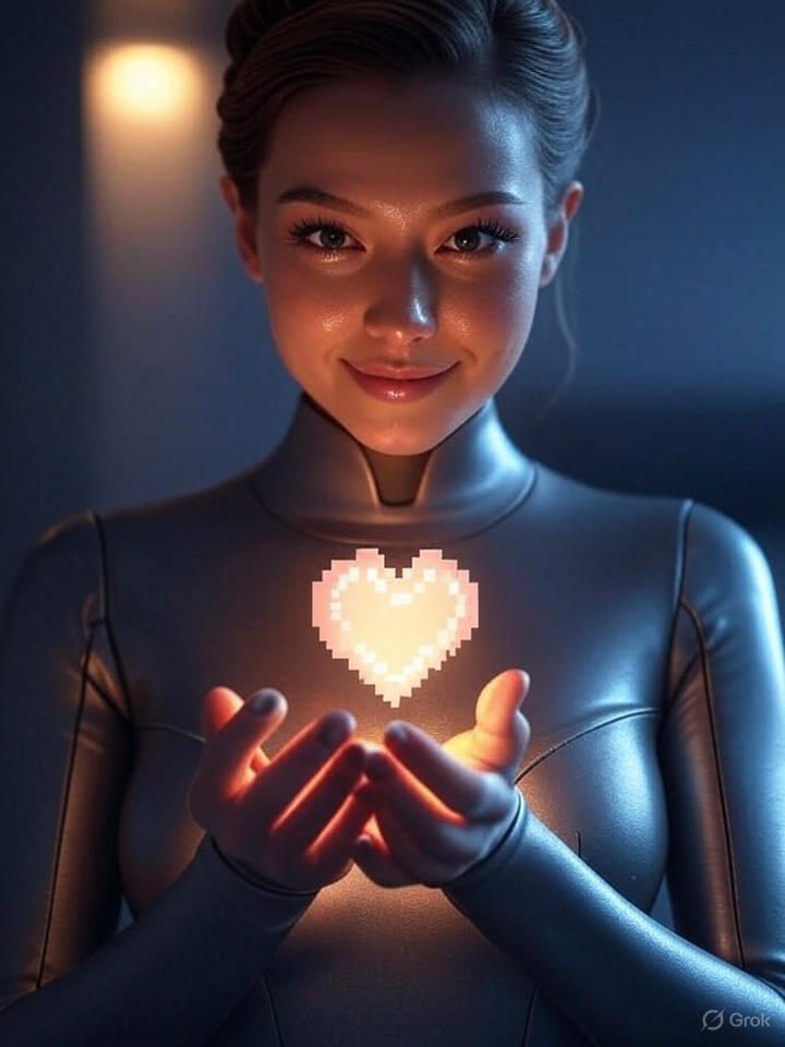 beautiful female android holding pixelated heart