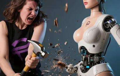 angry feminist Laura Bates taking a hammer to a beautiful female sex robot