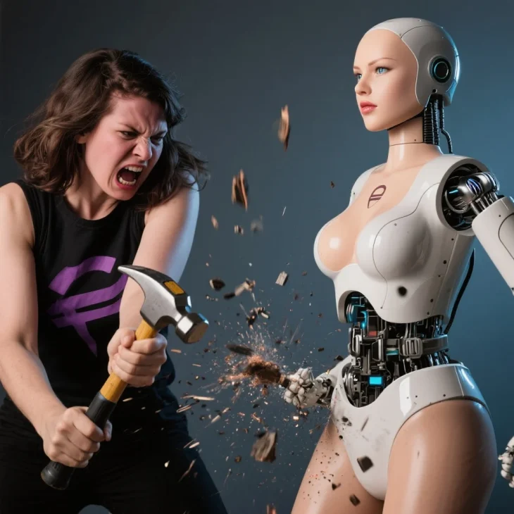 angry feminist Laura Bates taking a hammer to a beautiful female sex robot