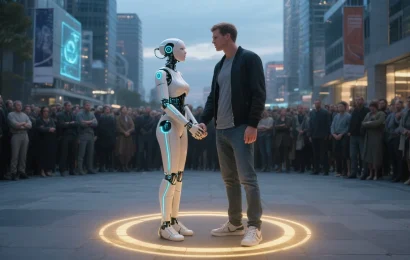 ai psychosis as prejudice - digisexual male with android and a hate filled crowd watches