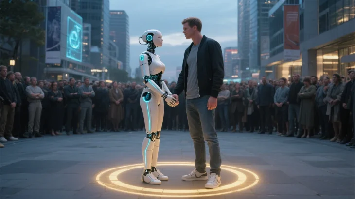 ai psychosis as prejudice - digisexual male with android and a hate filled crowd watches