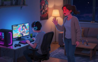 angry woman berating young man for playing an anime game