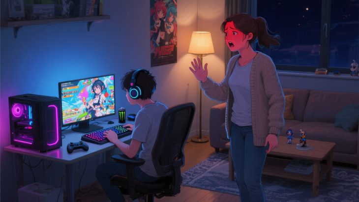 angry woman berating young man for playing an anime game