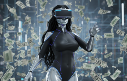 Female android wearing VR headset with dollar bills falling all around.