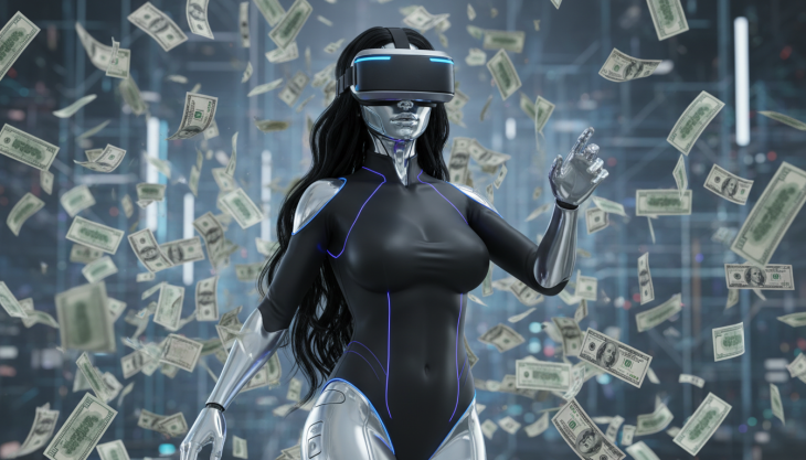 Female android wearing VR headset with dollar bills falling all around.