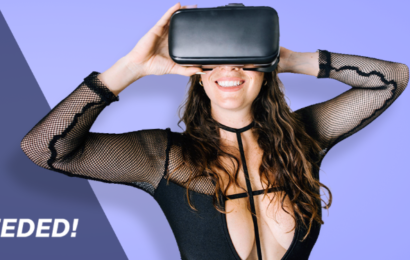 spatialy fans - busty woman wearing VR headset.