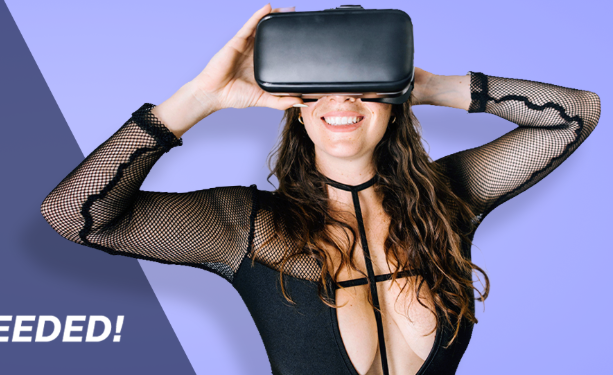 spatialy fans - busty woman wearing VR headset.
