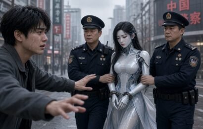 Pretty female humanoid robot handcuffed as male lover looks on in tears.