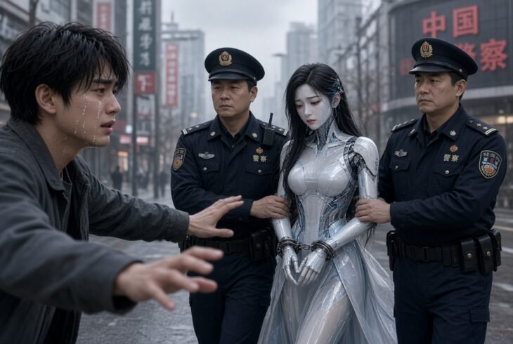 Pretty female humanoid robot handcuffed as male lover looks on in tears.